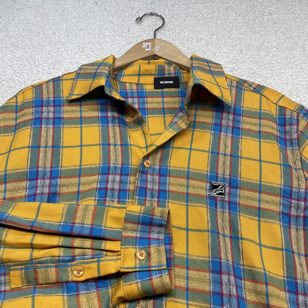 WE11DONE Button Shirt Mens L Yellow Plaid WD-TT1-21-551-U-BK Graphic Logo Street